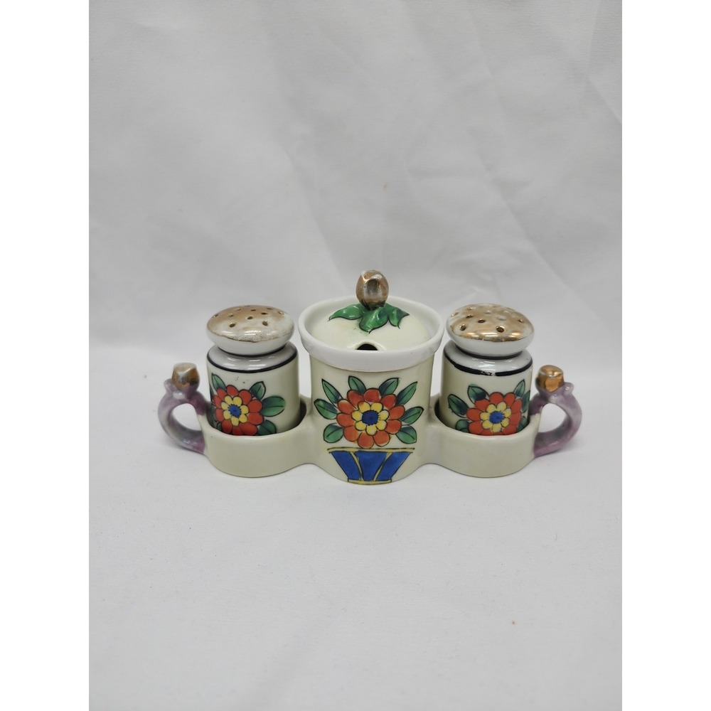 Vintage Takito Japan Lusterware Salt Pepper Mustard Set Art Deco Hand Painted‎